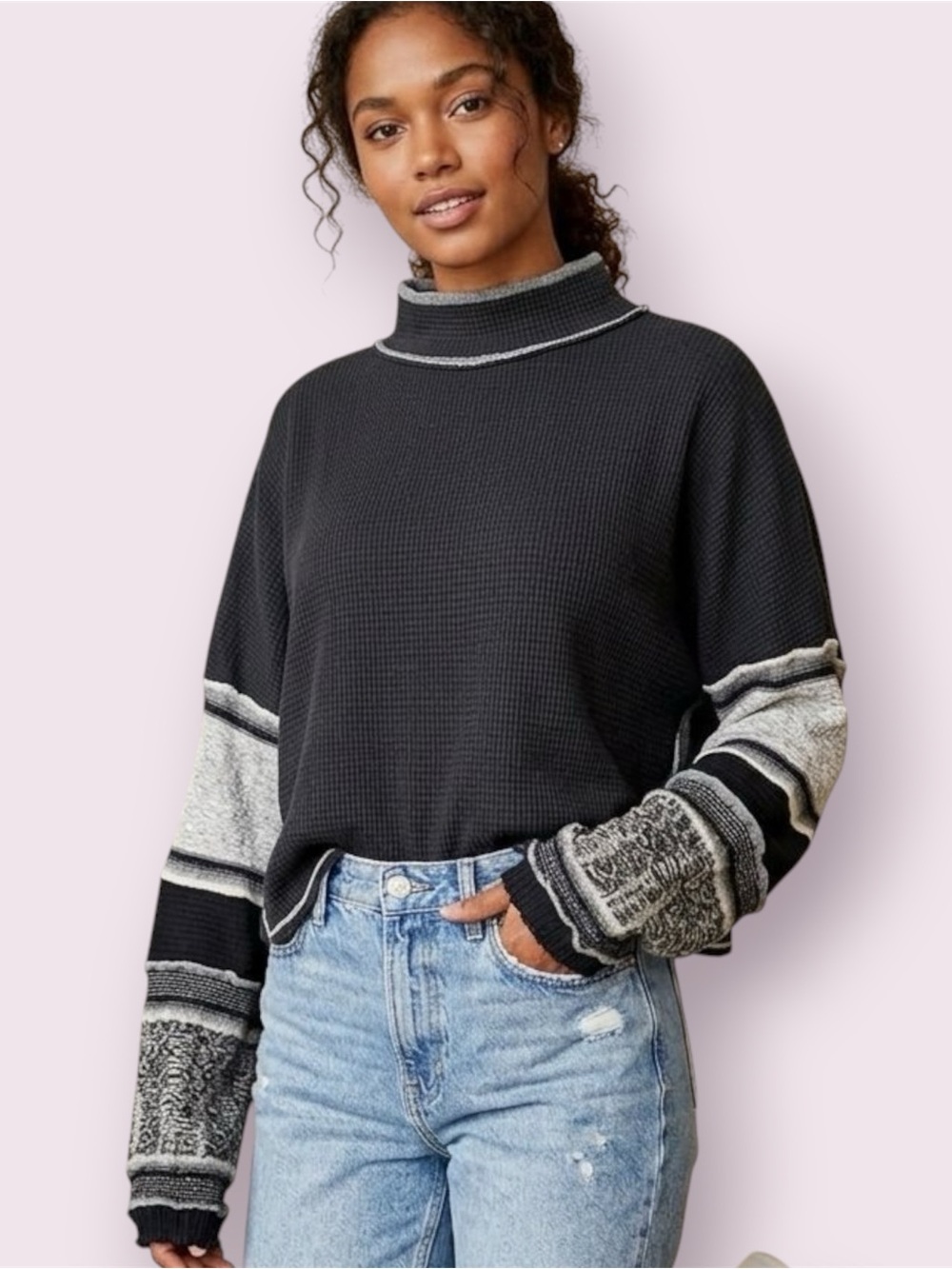 Free People Northern Lights Waffles Knit Top Sweater Sleeves Black Size Small